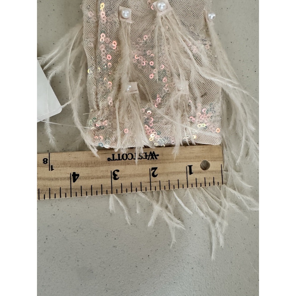 Rose Gold Sequin Embellished Dress S Feather Cuffs Nude Mesh Party Cocktail Glam - Picture 16 of 16